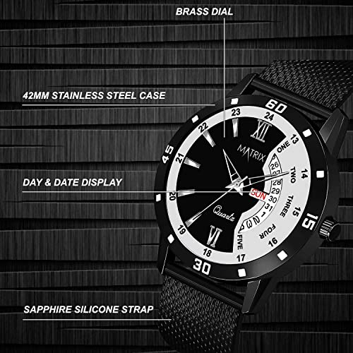 Matrix Men Silicone Analogue Day & Day Wrist Watch for Boys (Black Band and Dial) - Image 3