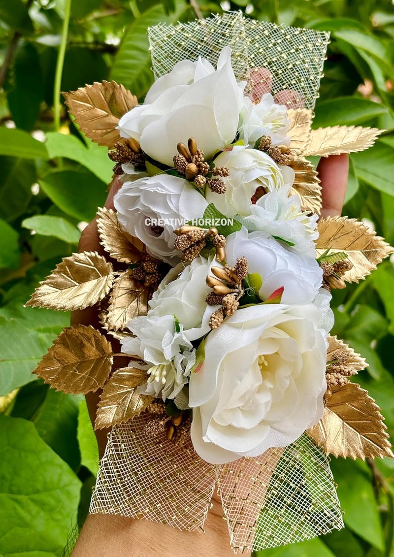 CREATIVE HORIZON White and Golden Leaf Artificial Flower Bunches for Home Decor Pack of 2 10 6 Inch - Image 4