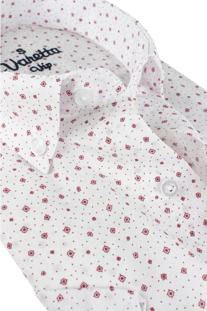فاريتا Men's White Claret Red Classic Cut Cotton Long Sleeve Shirt with Pockets
