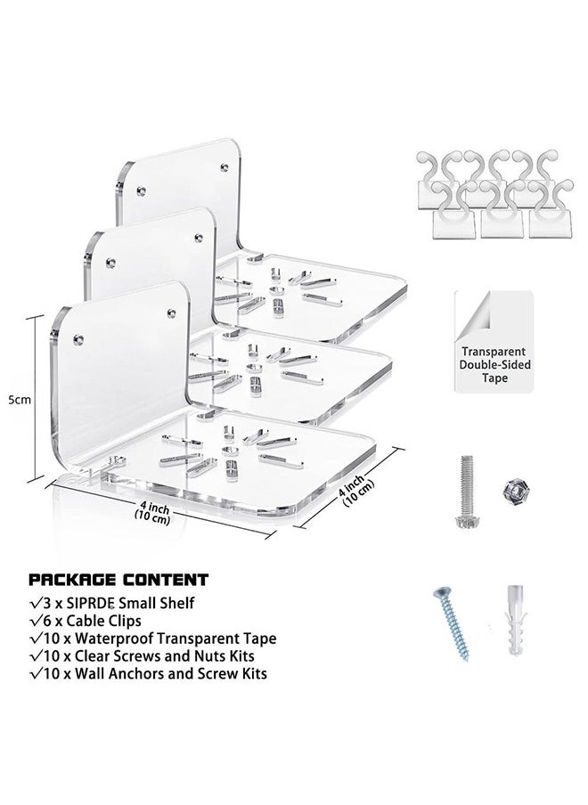 General - 3 Pcs Acrylic Floating Wall Shelves, with Cable Clips  Strong Tapes  Screws, No Drill Universal Small Wall Shelf, Universal Adhesive Shelf Easy to Install, 10*10*5CM - Image 1