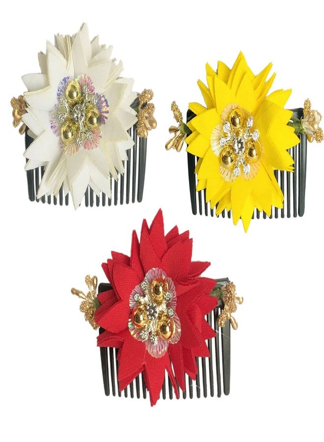 Arooman™ Acrylic Comb and Cloth Flower Hair side Comb/Clip Flower Design Juda Comb,For Women And Girls Pack -03, Multicolor - Image 2
