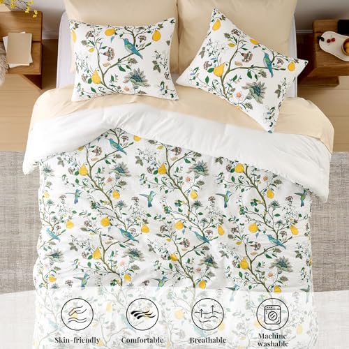 MUSSEL White Queen Size Comforter Set 3 Pieces,Vintage Botanical Floral Pattern Bedding Comforter Sets,Boho Whimsical Modern Printed Design Cute Seersucker Bedroom Comforter and Shams - Image 3