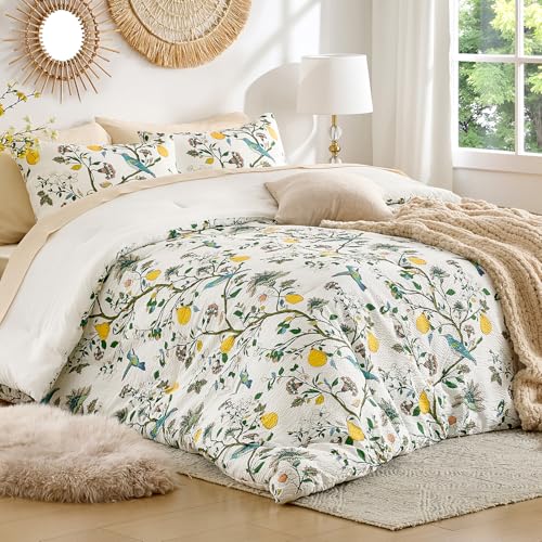 MUSSEL White Queen Size Comforter Set 3 Pieces,Vintage Botanical Floral Pattern Bedding Comforter Sets,Boho Whimsical Modern Printed Design Cute Seersucker Bedroom Comforter and Shams - Image 2