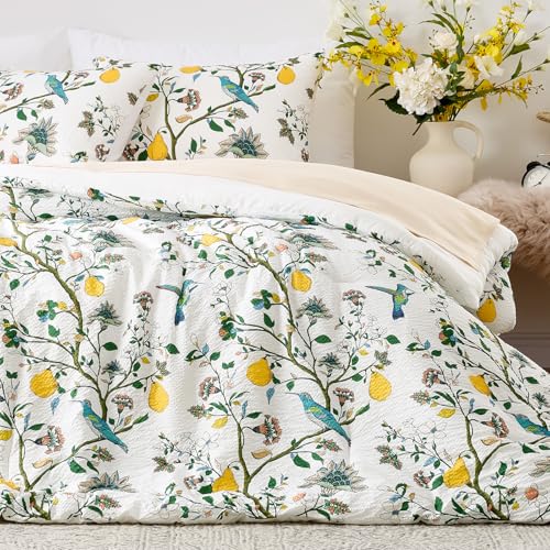 MUSSEL White Queen Size Comforter Set 3 Pieces,Vintage Botanical Floral Pattern Bedding Comforter Sets,Boho Whimsical Modern Printed Design Cute Seersucker Bedroom Comforter and Shams - Image 1