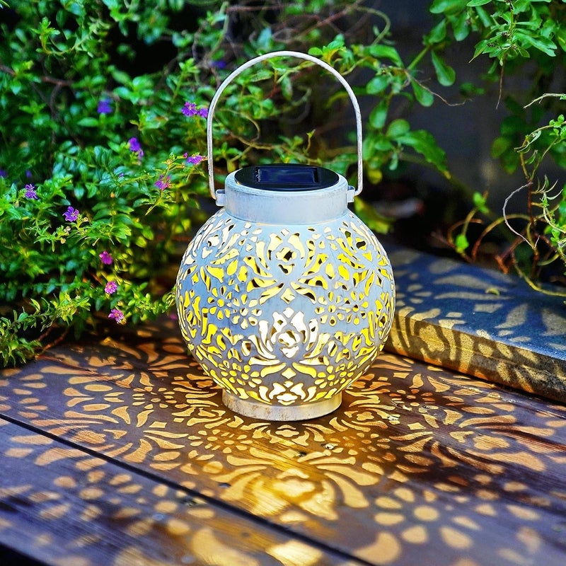 EXCMARK 2 Pack Outdoor Solar Hanging Lantern Lights Metal LED Decorative Lamp for Garden Patio Courtyard Lawn and Table with Hollowed-Out Design (White) - Image 1
