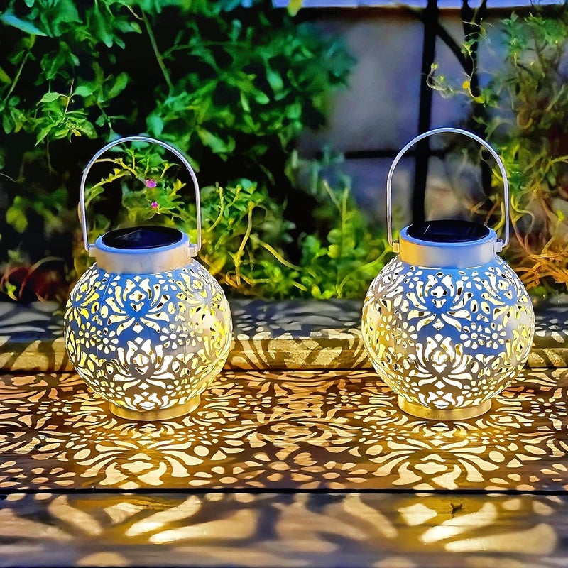 EXCMARK 2 Pack Outdoor Solar Hanging Lantern Lights Metal LED Decorative Lamp for Garden Patio Courtyard Lawn and Table with Hollowed-Out Design (White) - Image 3