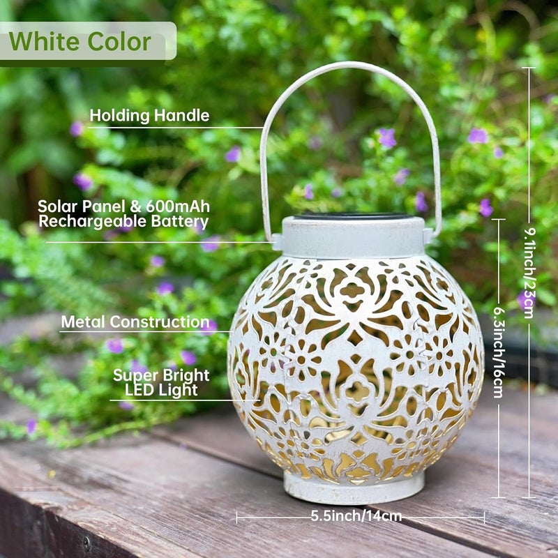 EXCMARK 2 Pack Outdoor Solar Hanging Lantern Lights Metal LED Decorative Lamp for Garden Patio Courtyard Lawn and Table with Hollowed-Out Design (White) - Image 2