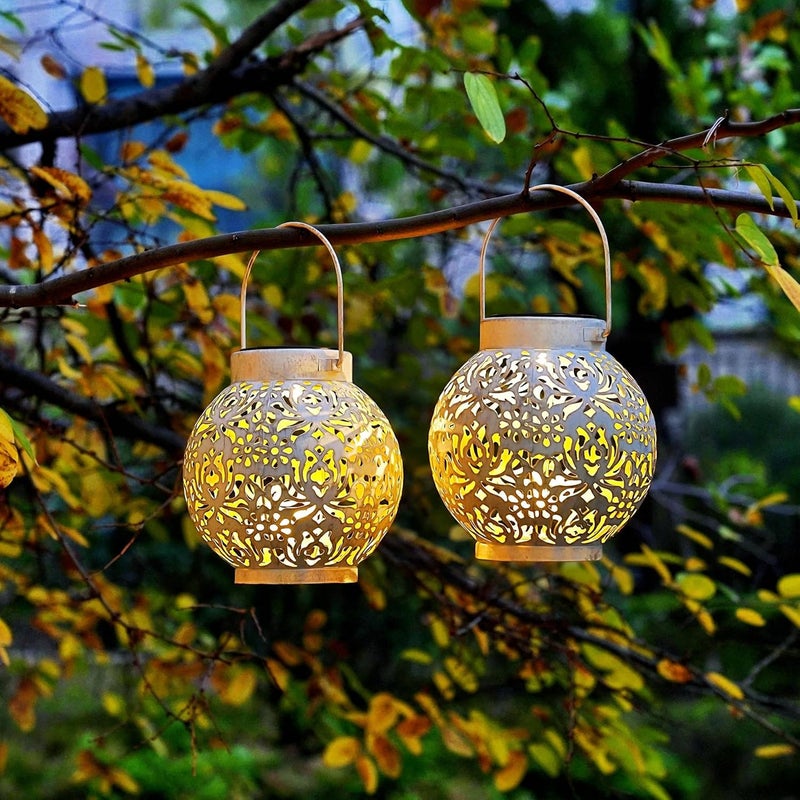 EXCMARK 2 Pack Outdoor Solar Hanging Lantern Lights Metal LED Decorative Lamp for Garden Patio Courtyard Lawn and Table with Hollowed-Out Design (White) - Image 5