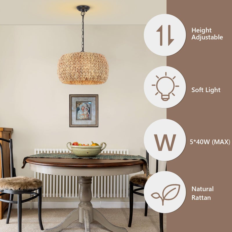 PAUFUL Farmhouse Boho Chandelier, 5-Light with Water Hyacinth Lampshade, for Dining Room, Kitchen Island, Bedroom, Living Room - Image 3