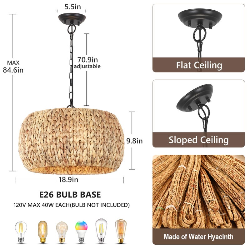 PAUFUL Farmhouse Boho Chandelier, 5-Light with Water Hyacinth Lampshade, for Dining Room, Kitchen Island, Bedroom, Living Room - Image 4