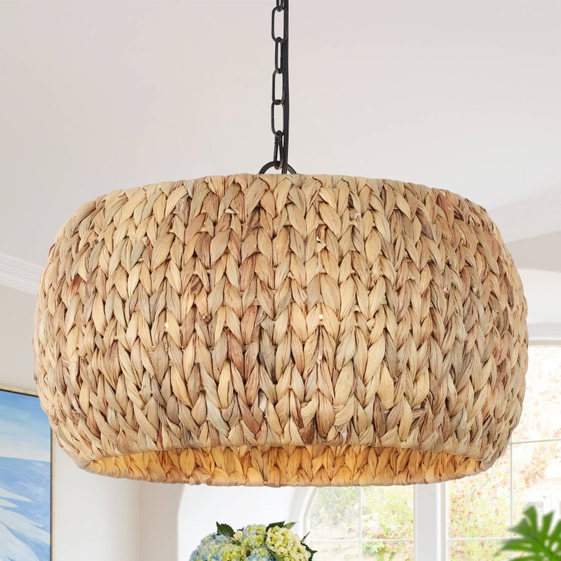 PAUFUL Farmhouse Boho Chandelier, 5-Light with Water Hyacinth Lampshade, for Dining Room, Kitchen Island, Bedroom, Living Room - Image 1