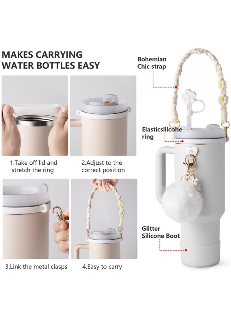 Reema 7Pcs White Stanley Cup Accessories Set for 30oz 40oz Tumbler Water Bottle Handle Strap Boot, Silicone Straw Cover, Stanley Keychain Charms Gifts - Image 2
