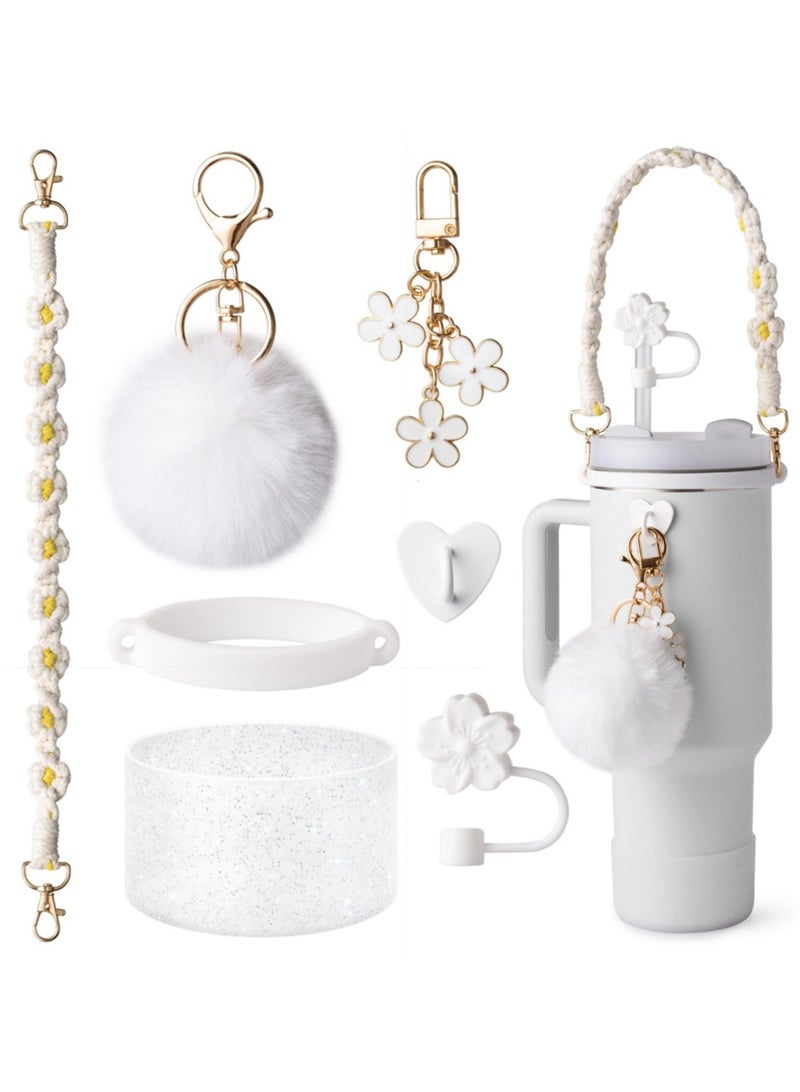 Reema 7Pcs White Stanley Cup Accessories Set for 30oz 40oz Tumbler Water Bottle Handle Strap Boot, Silicone Straw Cover, Stanley Keychain Charms Gifts - Image 1