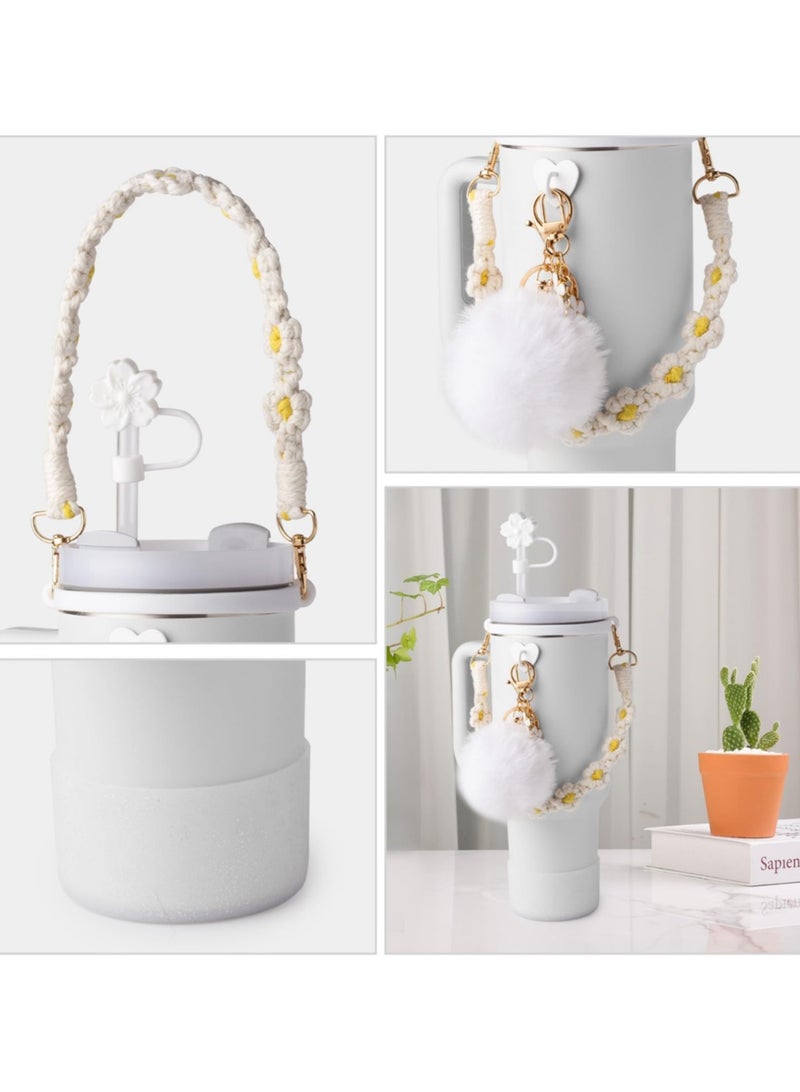 Reema 7Pcs White Stanley Cup Accessories Set for 30oz 40oz Tumbler Water Bottle Handle Strap Boot, Silicone Straw Cover, Stanley Keychain Charms Gifts - Image 4