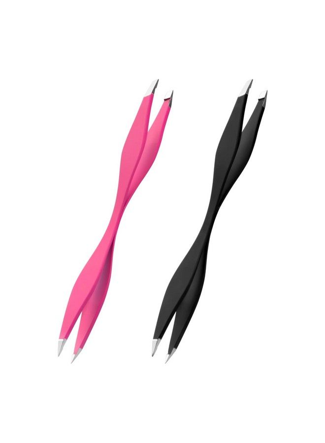 NUOMI 2 Pack Eyebrow Tweezers Double Ends Stainless Steel Tweezers Makeup Tools With Slant/Pointed Tips For Removing Facial Hair Ingrown Hair Pink And Black - Image 1
