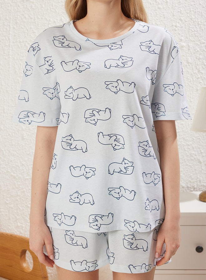 trendyol Blue % Cotton Cat Shorts Knitted Pajama Set - Image 3