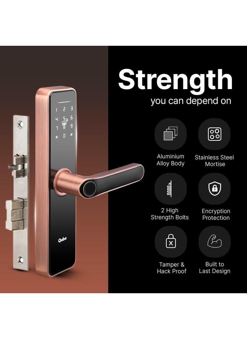 Qubo - QUBO Smart Door Lock Essential from Hero Group 6Way Unlocking Fingerprint OTP Remote Unlocking PIN RFID Access Card Mobile App Mechanical Key 1 Year OnSite Brand Warranty Copper - Image 1