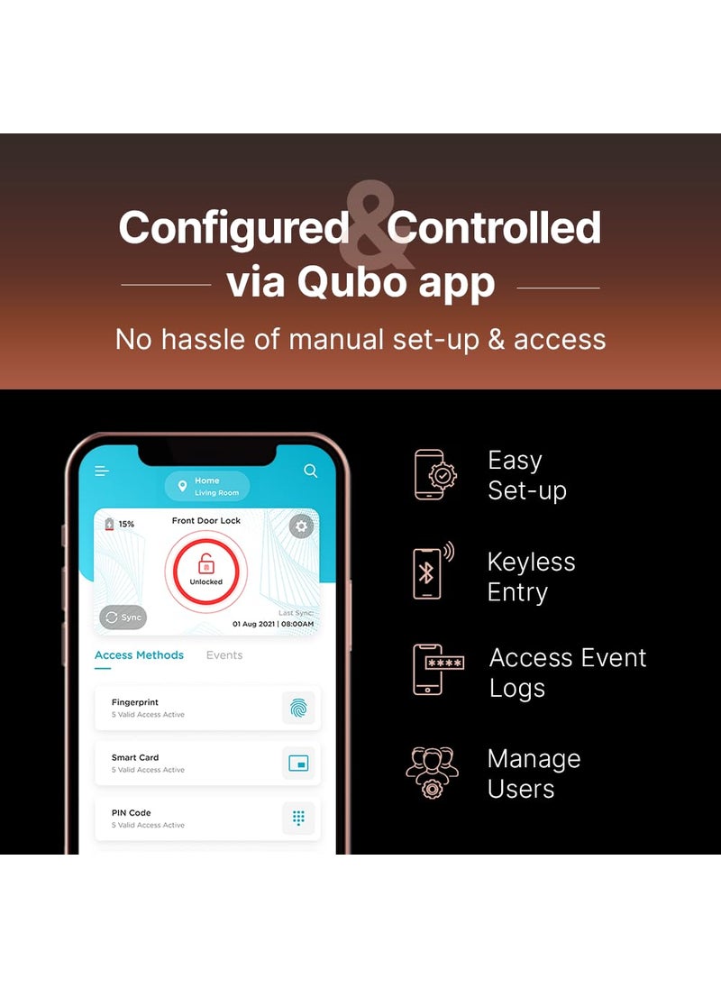Qubo - QUBO Smart Door Lock Essential from Hero Group 6Way Unlocking Fingerprint OTP Remote Unlocking PIN RFID Access Card Mobile App Mechanical Key 1 Year OnSite Brand Warranty Copper - Image 1