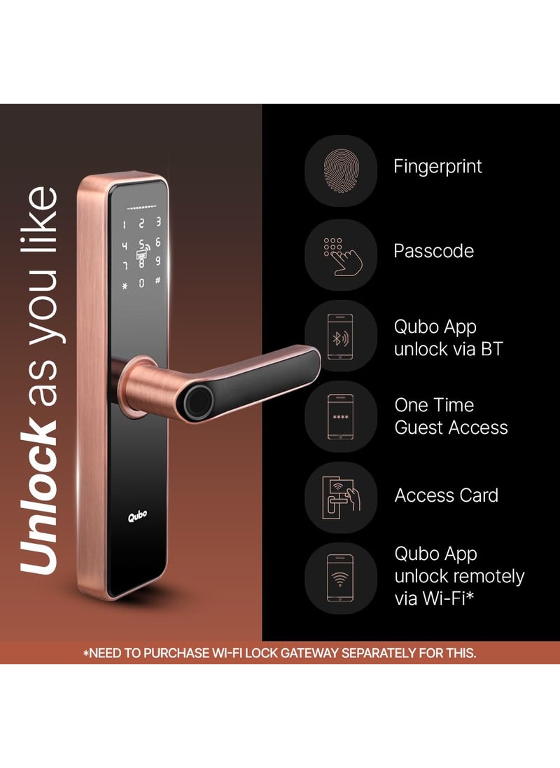 Qubo - QUBO Smart Door Lock Essential from Hero Group 6Way Unlocking Fingerprint OTP Remote Unlocking PIN RFID Access Card Mobile App Mechanical Key 1 Year OnSite Brand Warranty Copper - Image 1