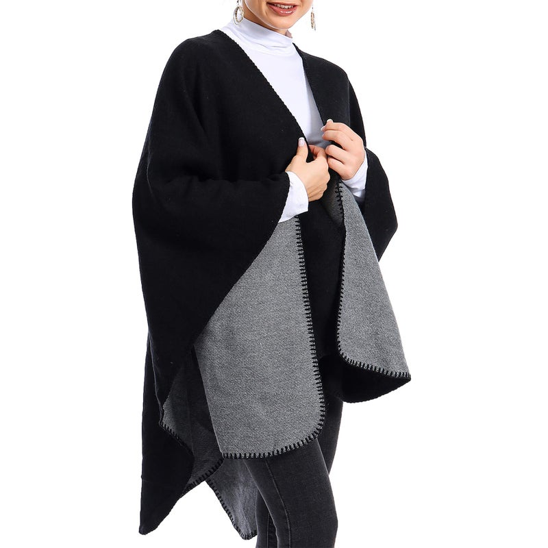 Zando Women's Warm Winter Poncho - Oversized Shawl Wrap with Tassels - Plaid Cardigan - Black & Grey - One Size - Image 2