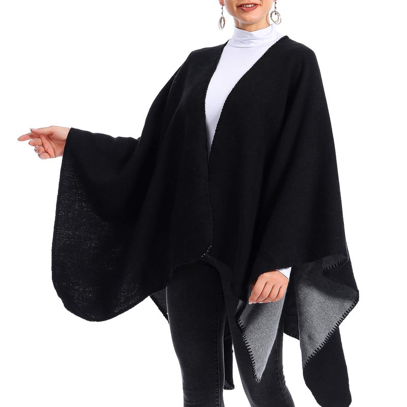 Zando Women's Warm Winter Poncho - Oversized Shawl Wrap with Tassels - Plaid Cardigan - Black & Grey - One Size - Image 4