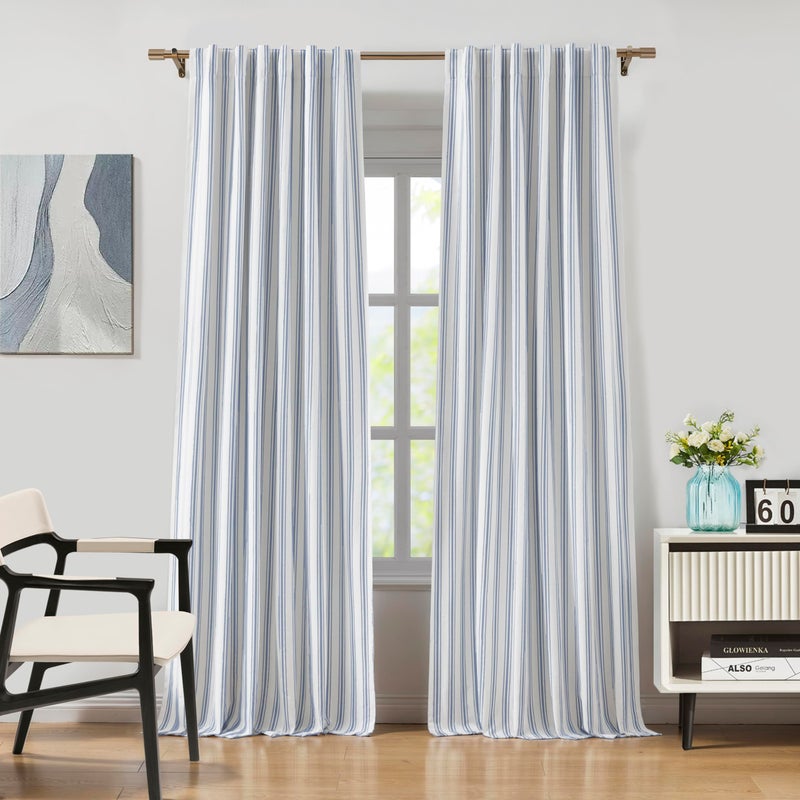 ZJDECOR Striped Full Blackout Curtains 95 Inches Long for Bedroom,Blue Stripe on White Cotton Blended Light Filteirng with Darkening Liner,Back Tab Rod Pocket Window Treatment,55" Wx95 L(Pack of 2) - Image 1
