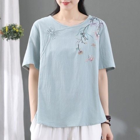 Vintage Embroidered Mom Style Cotton Linen T-Shirt for Women 2024 Ethnic Style New Loose Versatile Mid-Sleeve Top J#111 white - Image 5