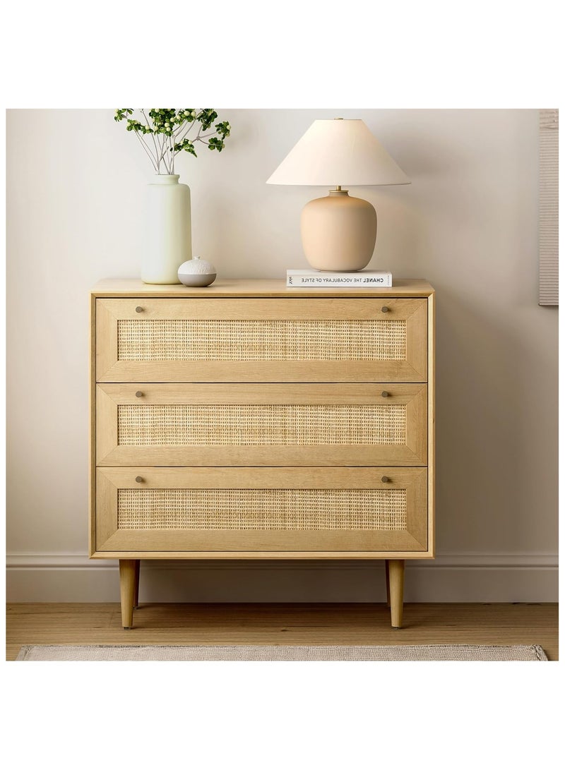 دوهوان خزانة أدراج من الروطان ذات 3 أدراج، خزانة أدراج عصرية مع تخزين خزانة ملابس بوهو منظمة تخزين خشبية لغرفة نوم غرفة المعيشة، بلوط طبيعي - Image 1