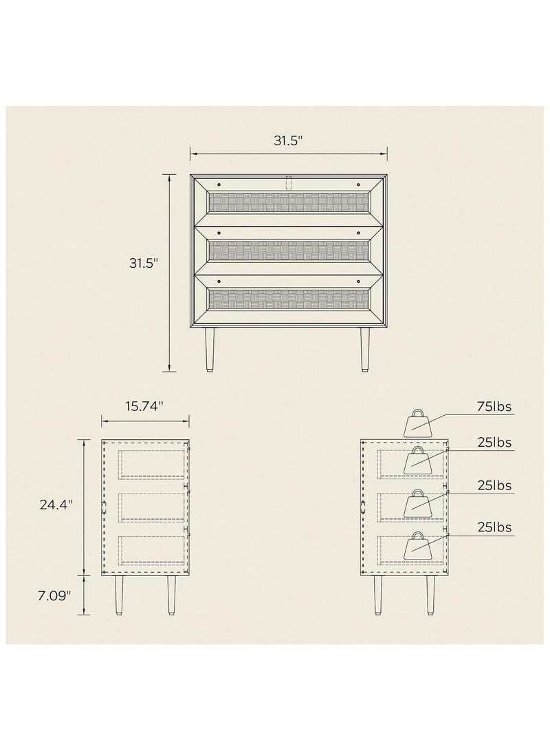 دوهوان خزانة أدراج من الروطان ذات 3 أدراج، خزانة أدراج عصرية مع تخزين خزانة ملابس بوهو منظمة تخزين خشبية لغرفة نوم غرفة المعيشة، بلوط طبيعي - Image 2