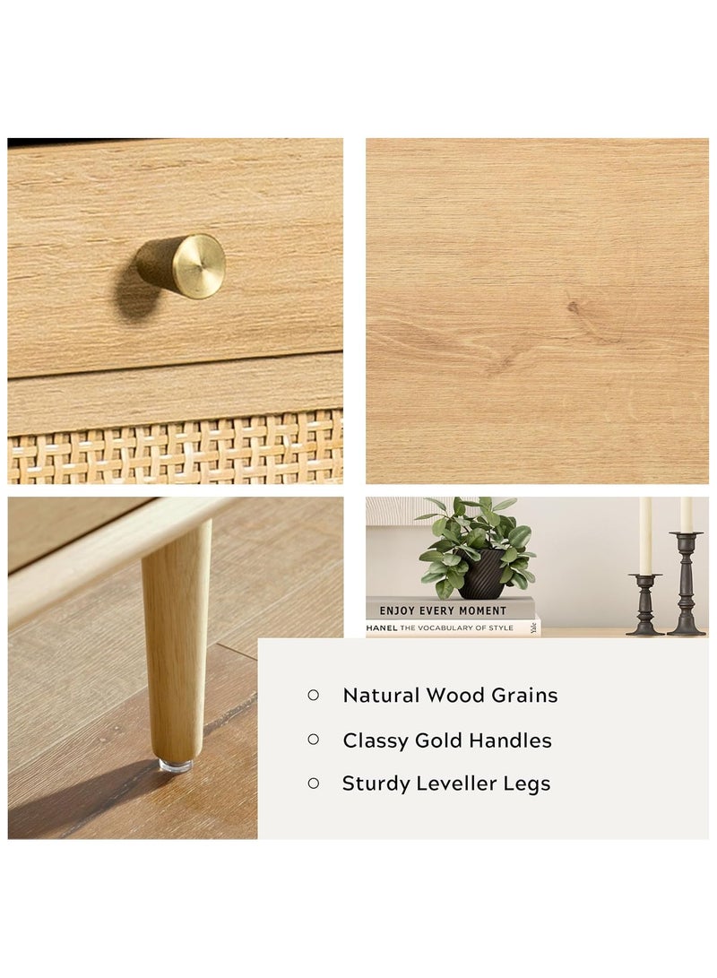 دوهوان خزانة أدراج من الروطان ذات 3 أدراج، خزانة أدراج عصرية مع تخزين خزانة ملابس بوهو منظمة تخزين خشبية لغرفة نوم غرفة المعيشة، بلوط طبيعي - Image 3