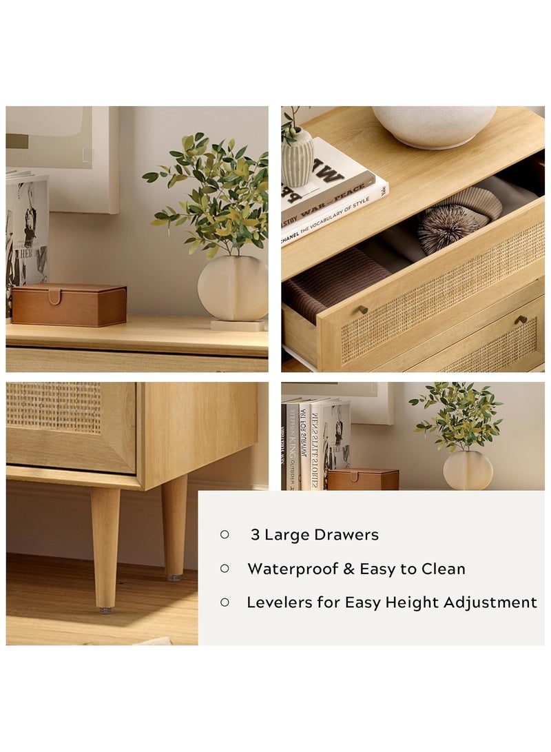 دوهوان خزانة أدراج من الروطان ذات 3 أدراج، خزانة أدراج عصرية مع تخزين خزانة ملابس بوهو منظمة تخزين خشبية لغرفة نوم غرفة المعيشة، بلوط طبيعي - Image 4