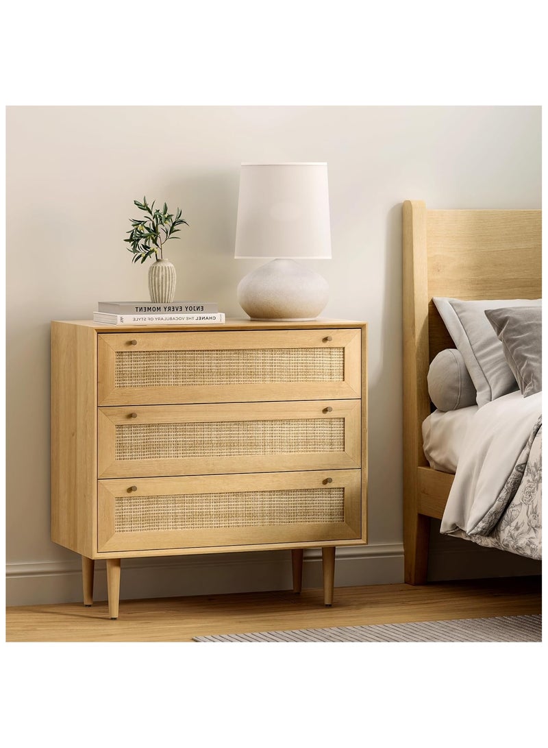 دوهوان خزانة أدراج من الروطان ذات 3 أدراج، خزانة أدراج عصرية مع تخزين خزانة ملابس بوهو منظمة تخزين خشبية لغرفة نوم غرفة المعيشة، بلوط طبيعي - Image 5