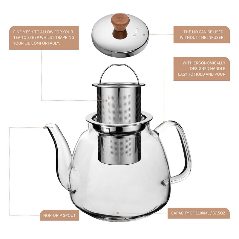 CNGLASS Glass Teapot with Infuser(37.5oz),Clear Tea Kettle with Removable Stainless Steel Strainer,Stovetop Safe Glass Teapot for Blooming and Loose Leaf Tea - Image 4