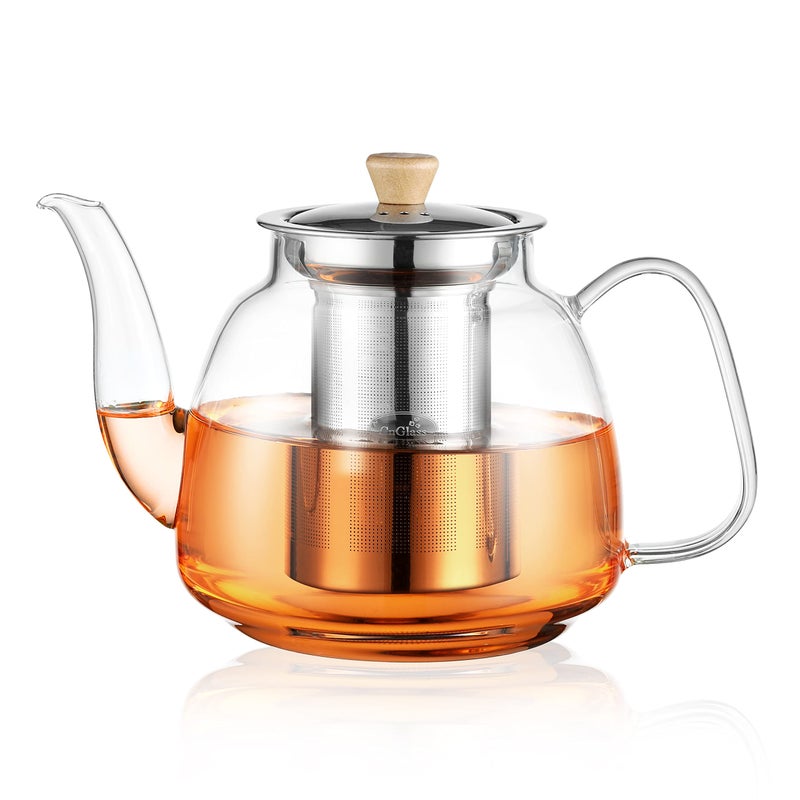 CNGLASS Glass Teapot with Infuser(37.5oz),Clear Tea Kettle with Removable Stainless Steel Strainer,Stovetop Safe Glass Teapot for Blooming and Loose Leaf Tea - Image 1