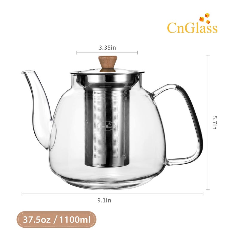 CNGLASS Glass Teapot with Infuser(37.5oz),Clear Tea Kettle with Removable Stainless Steel Strainer,Stovetop Safe Glass Teapot for Blooming and Loose Leaf Tea - Image 2