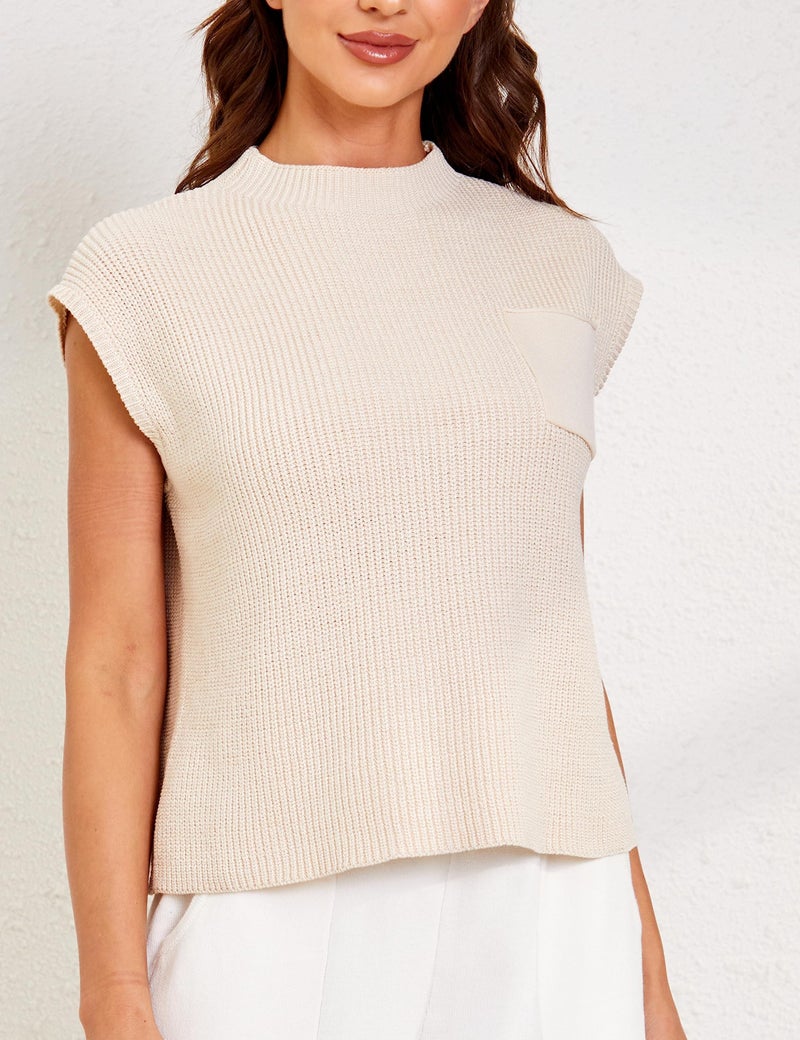 UANEO Sweater Vest Women Mock Neck Casual Cropped Knit Pullover Cap Sleeve Sweater for Women Top Spring(Apricot-XS) - Image 3