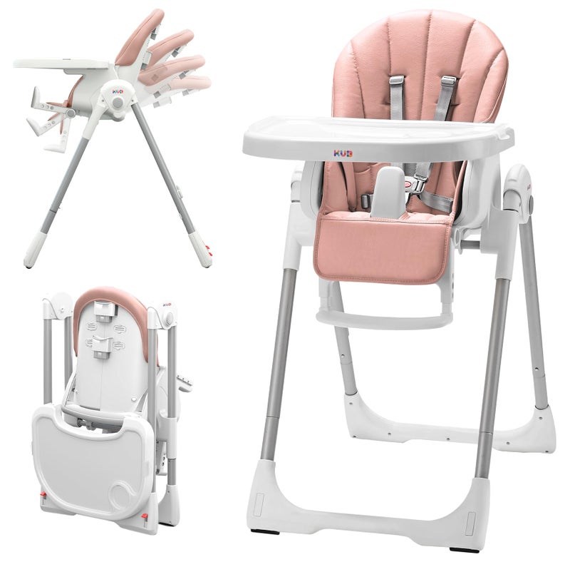 KB 3in1 Foldable Baby High Chair 7 Height 4 Recline Adjustable Removable Seat Tray for Easy Clean 2 Locking Wheels Multifunctional Infant High chairs for Babies and Toddlers Girl Pink