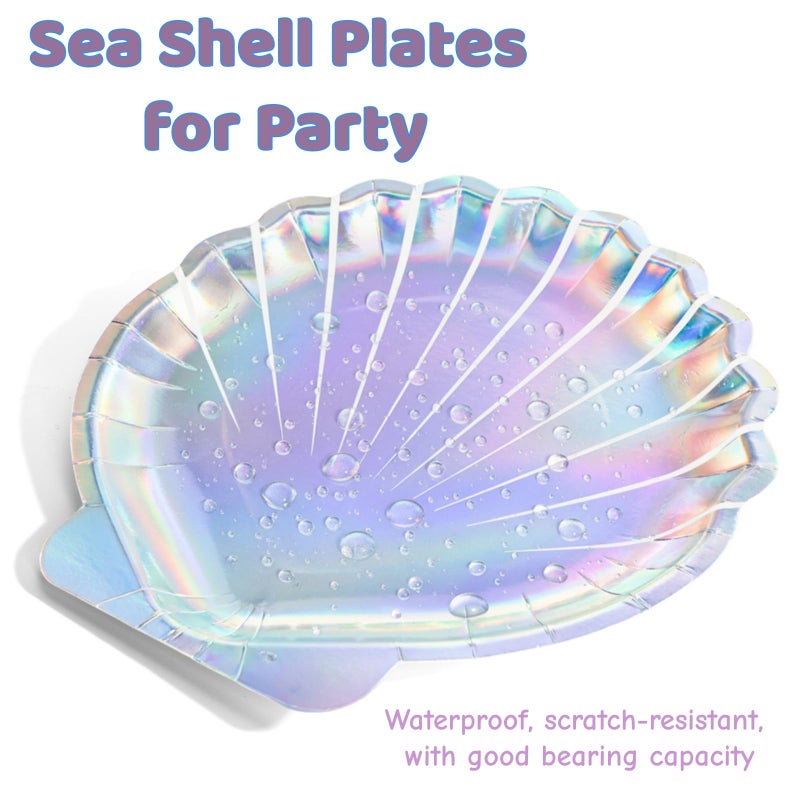 Jowgut 100 Pieces Mermaid Paper Plates, 9 Inch Seashell Plates for Party, Shell Shaped Disposable Iridescent Containers for Holographic Party Supplies for Birthday Baby Shower Decor - Image 3