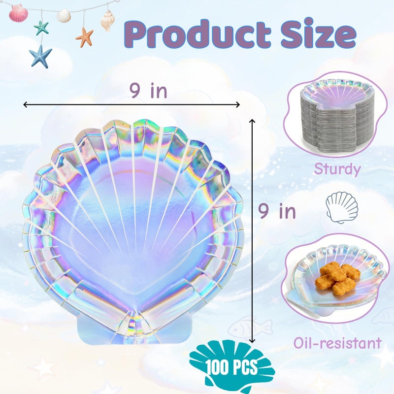 Jowgut 100 Pieces Mermaid Paper Plates, 9 Inch Seashell Plates for Party, Shell Shaped Disposable Iridescent Containers for Holographic Party Supplies for Birthday Baby Shower Decor - Image 2