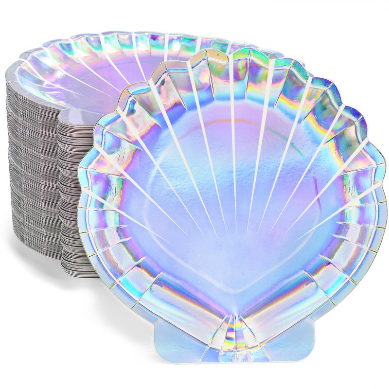 Jowgut 100 Pieces Mermaid Paper Plates, 9 Inch Seashell Plates for Party, Shell Shaped Disposable Iridescent Containers for Holographic Party Supplies for Birthday Baby Shower Decor - Image 1