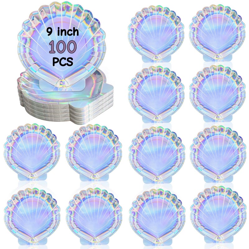 Jowgut 100 Pieces Mermaid Paper Plates, 9 Inch Seashell Plates for Party, Shell Shaped Disposable Iridescent Containers for Holographic Party Supplies for Birthday Baby Shower Decor - Image 5