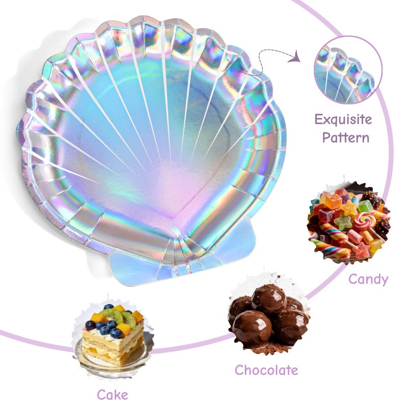 Jowgut 100 Pieces Mermaid Paper Plates, 9 Inch Seashell Plates for Party, Shell Shaped Disposable Iridescent Containers for Holographic Party Supplies for Birthday Baby Shower Decor - Image 4