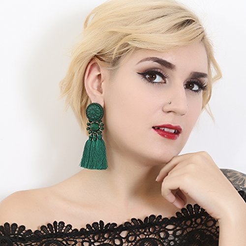 Boderier Bohemian Statement Thread Tassel Chandelier Drop Dangle Earrings with Cassandra Button Stud (Deep Green) - Image 2