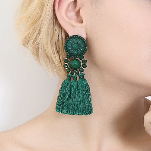 Boderier Bohemian Statement Thread Tassel Chandelier Drop Dangle Earrings with Cassandra Button Stud (Deep Green) - Image 3