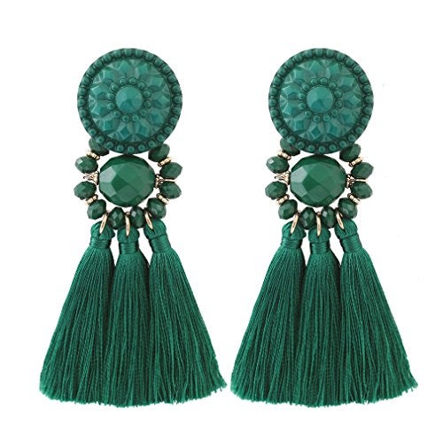 Boderier Bohemian Statement Thread Tassel Chandelier Drop Dangle Earrings with Cassandra Button Stud (Deep Green) - Image 1
