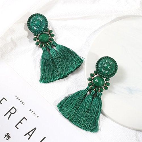 Boderier Bohemian Statement Thread Tassel Chandelier Drop Dangle Earrings with Cassandra Button Stud (Deep Green) - Image 4