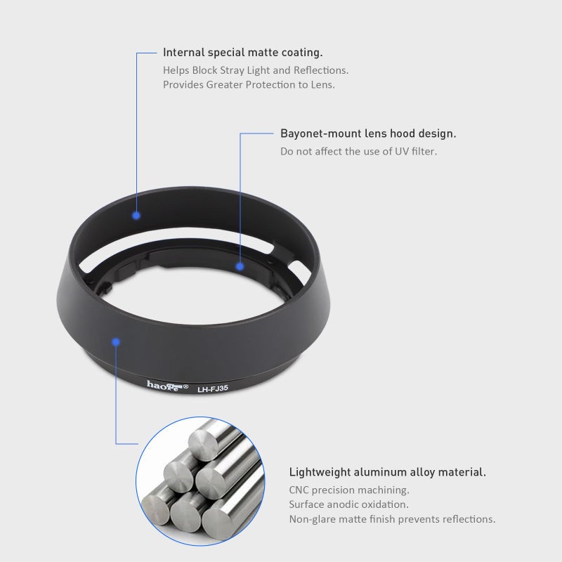 Haoge LH-FJ35 Bayonet Round Metal Lens Hood for Fujifilm Fuji Fujinon XF 35mm f/2 R WR XF35mmF2, XF 23mm f2 R WR XF23mmF2 and XC 35mm F2 XC35mmF2 Lens Replace LH-XF35-2 - Image 3