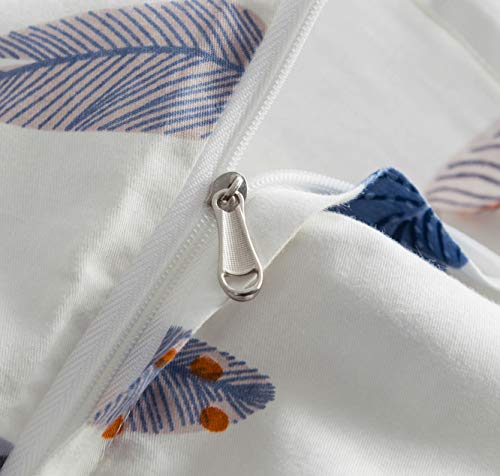 SUSYBAO Blue White Feather Duvet Cover Queen 100% Cotton 3 Pcs Set 1 Brown Burnt Orange Boho Duvet Cover with Zipper Ties 2 Pillowcases Vintage Bohemian Bird Plume Print Bedding Set Soft - Image 3