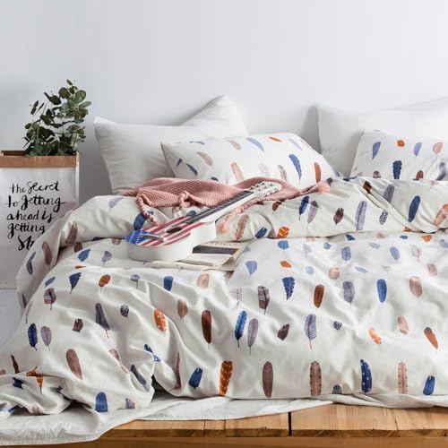 SUSYBAO Blue White Feather Duvet Cover Queen 100% Cotton 3 Pcs Set 1 Brown Burnt Orange Boho Duvet Cover with Zipper Ties 2 Pillowcases Vintage Bohemian Bird Plume Print Bedding Set Soft - Image 2
