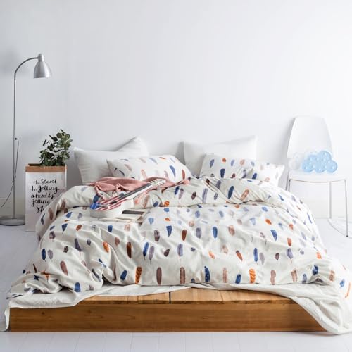 SUSYBAO Blue White Feather Duvet Cover Queen 100% Cotton 3 Pcs Set 1 Brown Burnt Orange Boho Duvet Cover with Zipper Ties 2 Pillowcases Vintage Bohemian Bird Plume Print Bedding Set Soft - Image 1